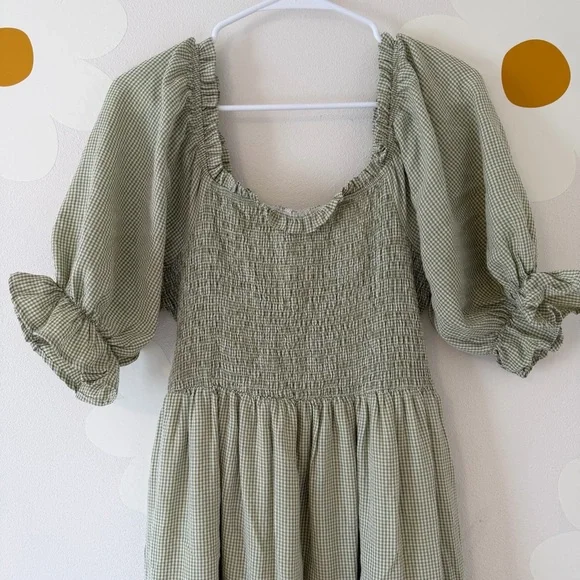 Bohme Green Gingham Smocked Puff Sleeve Midi Dress with Back Bow Cottagecore - Picture 5 of 11